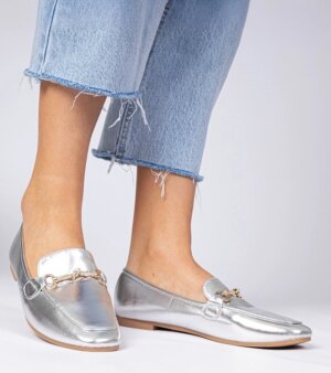 marka niezdefiniowana Silver elegant moccasins with gold decoration and rhinestones Kalisa