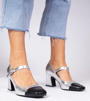 marka niezdefiniowana Silver women's pumps with a black toe Radora