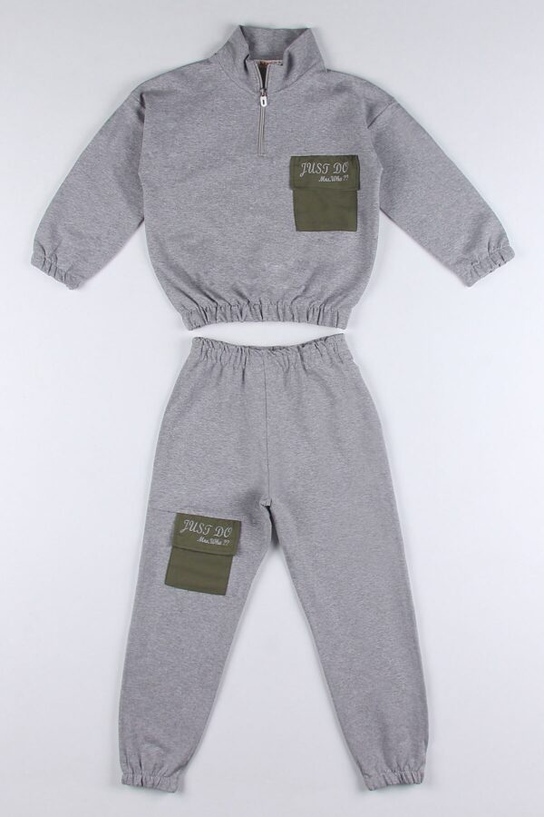 zepkids Girl's Gray Colored Just Do Printed Tracksuit Set with Pockets